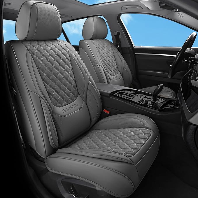 Car Seat Covers Full Set Grey, Luxury Faux Leather Car Seat Covers Waterproof Non-Slip Seat Protector Universal Fit for Most Cars SUVs Trucks Pick-ups,Car Accessories for Front Seats and Back