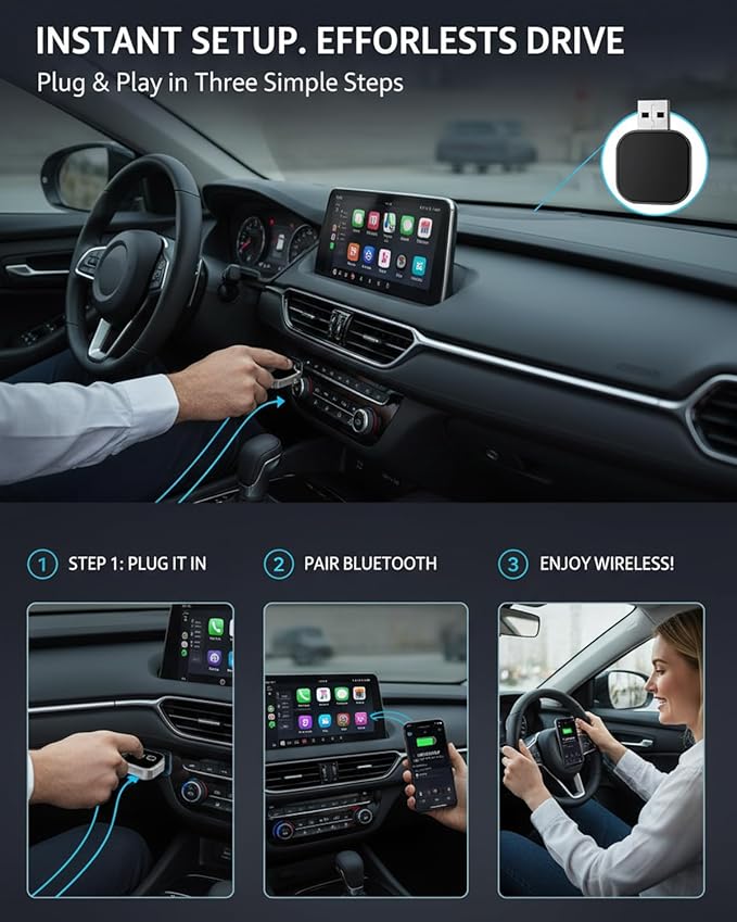 3 in 1 Wireless Carplay Adapter, Car Screen Mirroring Converter, 2026 Upgrade Mirror iOS Phone for iPhone/Airplay/Apple/Android, Bluetooth Auto Link, Wired to Wireless, Plug & Play (for iPhone)