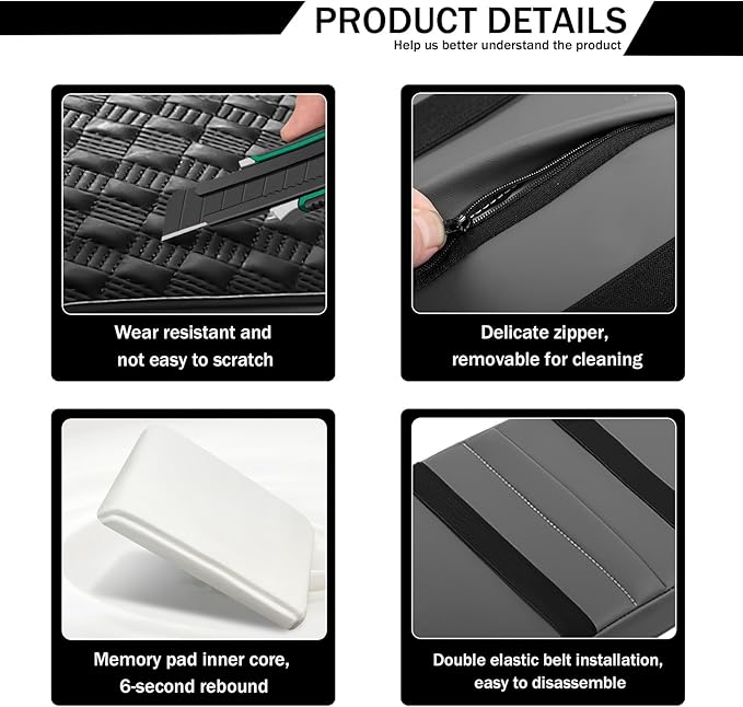 Car Armrest Cushion, 12.2"×8.3" Leather Auto Memory Foam Center Console Pad with Storage Pocket, Waterproof & Anti-Scratch Elbow Pillow Armrest Seat Box Protector, Universal Fit (Black)