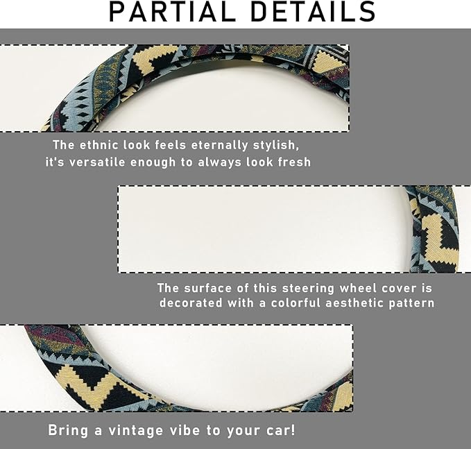 Boho Steering Wheel Cover, 15.0"×15.0" Anti-Slip Baja Blanket Ethnic Steering Wheel Protector, Breathable Flax Cloth Elastic Bohemian Steering Wheel Cover, Car Accessories (Style H)