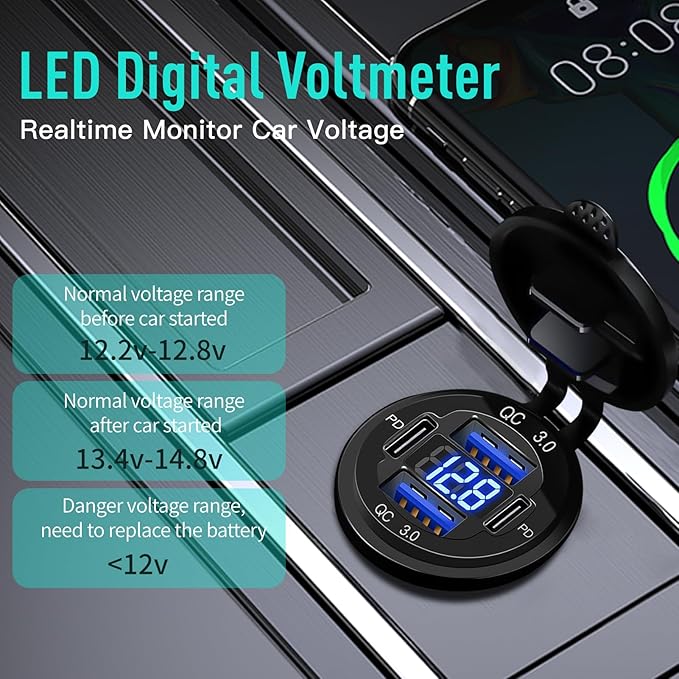 4 Port 12V USB Outlet Aluminum Charger with Voltmeter, 78W Fast Charge Dual PD3.0 & QC3.0 Multiple USB Port for Car, Marine USB C Socket Cigarette Lighter Replacement Waterproof 12 Volt Outlet, 2 Pack