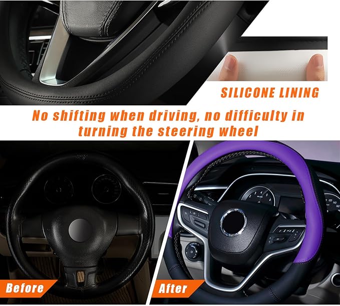Ziciner Steering Wheel Cover, Soft Leather Premium Durable Elastic Auto Wheel Cover Protector, Stretch Breathable Anti-Slip Lining, Universal 14.5-15 inch Car Interior Accessories (Purple)