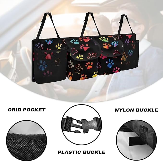 Rainbow Dog Paw Print Car Trunk Organizer Trendy Back of Seat Car Organizer for SUV,Truck,Van Trunk Storage Bag Hanging Cargo Bag