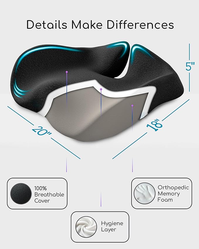 Ergonomic Seat Cushion for Sciatica & Tailbone Pain Relief – Extra Large Memory Foam Office Chair Cushion for Long Sitting, Orthopedic Coccyx Cushion for Desk Chair, Car & Wheelchair(Black)