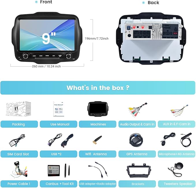 Roadanvi Car Radio for Jeep Renegade 2015-2022 Wireless Carplay/Android Auto, 9" Touch Screen Head Unit with Knob and Physical Button, Car Stereo with Gyroscope GPS Navigation, Bluetooth, WiFi,4G LTE