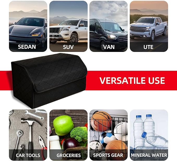 1Pack Leather Trunk Organizer for SUV & Sedans - Extra Large Foldable Car Storage Box with Lid, Adjustable Removable Dividers and Carry Handle, Collapsible Auto Cargo Organizer Black (1)