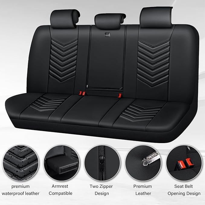 CAR PASS 3D Foam Luxury Leather Back Bench Car Seat Covers,Waterpoof Faux Leather Rear Seat Cover Universal Fit for Cars Sedans SUVs Vans Trucks 95% Automotive Backseat, (Rear,Black)