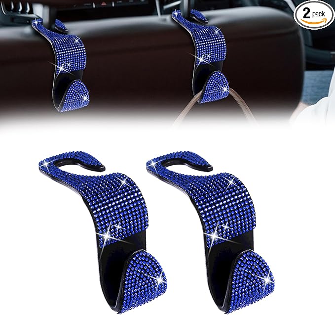 2 Pack Car Seat Headrest Hook, Bling Car Hooks Front Seat, Back Seat Organizer Hanger Storage Hook Car Purse Hook for Bags, Clothes, Coats, Grocery Bags (Blue)