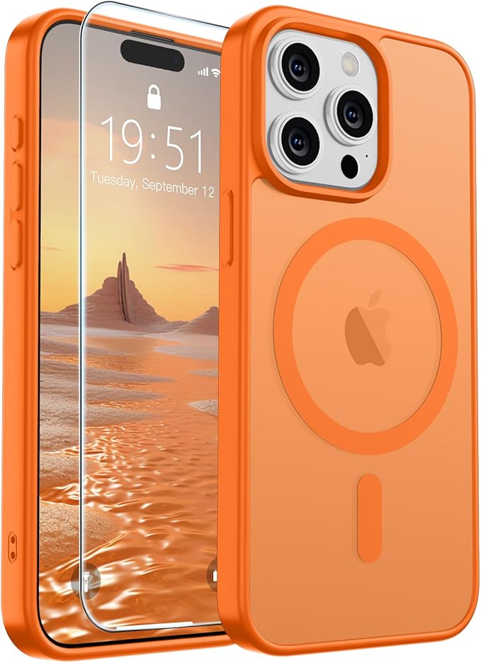 SUPFINE Magnetic for iPhone 15 Pro Case with Screen Protector (Compatible with MagSafe) (Military Grade Drop Protection) Translucent Matte Shockproof Phone Cover,Starry Orange