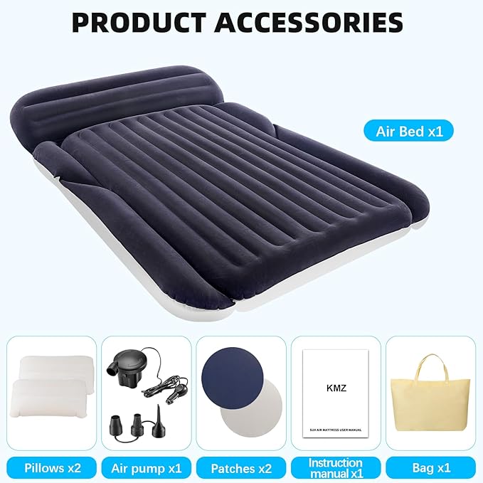 KMZ SUV Air Mattress with 2 Pillows – Thickened and Flocked Car Bed – Portable Travel Pad for Camping & Road Trips – Quick Inflate & Deflate with External Pump – Navy Blue+Light Gray