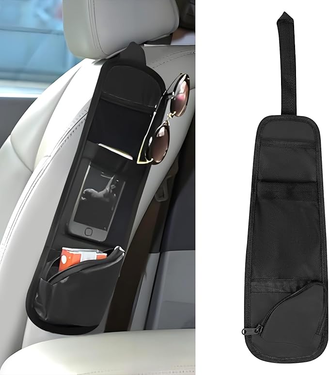 Hovom Car Seat Storage Hanging Bag, Multi-Pocket Car Seat Side Organizer, Multifunctional Mesh Pocket Auto Front Seat Organizer for Phone Wallet Glasses, Universal Car Accessories (Black, 1PCS)