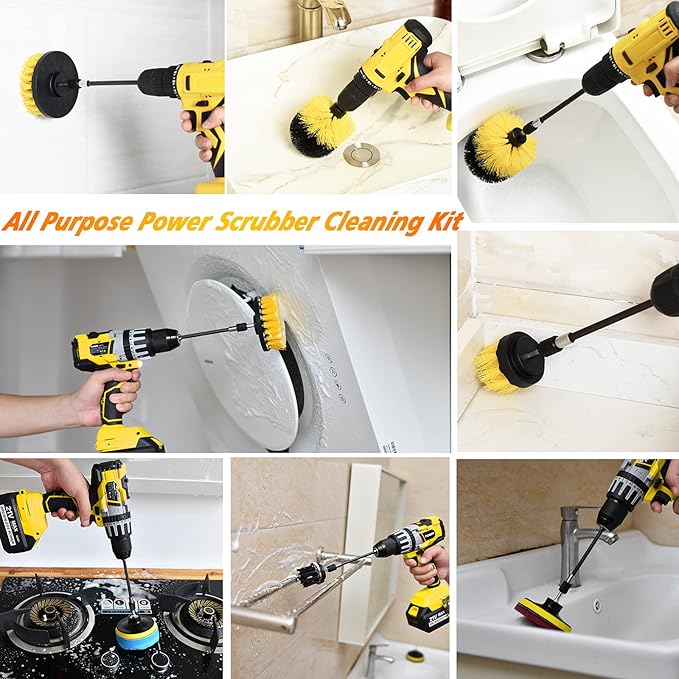 Shieldpro 45 Piece Drill Brush Attachment Set, All Purpose Power Clean Scrubber Brush, Scrub Pads & Sponge with Extend Long Attachment for Bathroom, Kitchen,Grout,Tub,Tile,Corners, Auto
