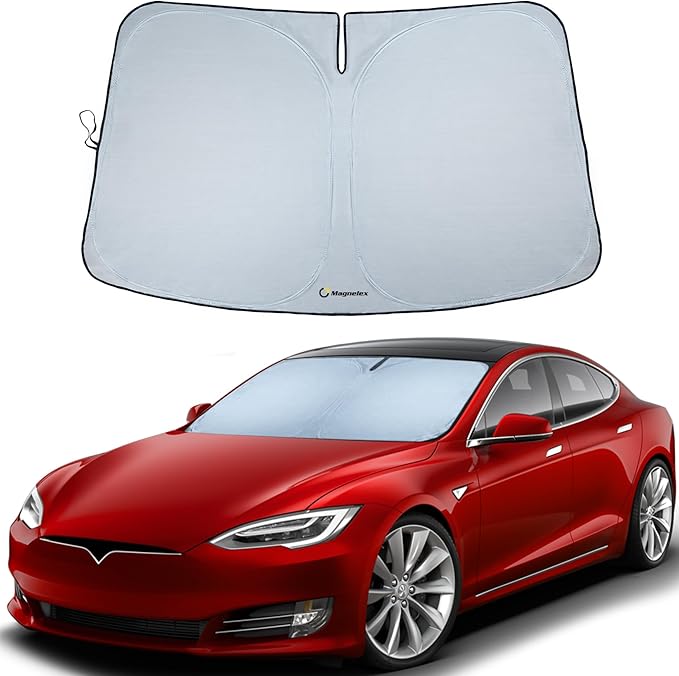 Magnelex Tesla Windshield Sunshade for Model S 2012-2026 - Reflective 240T Material Car Sun Visor with Mirror Cut-Out. Tesla Model S Sunshade | Foldable Sun Shade for Sun Heat and UV Protection