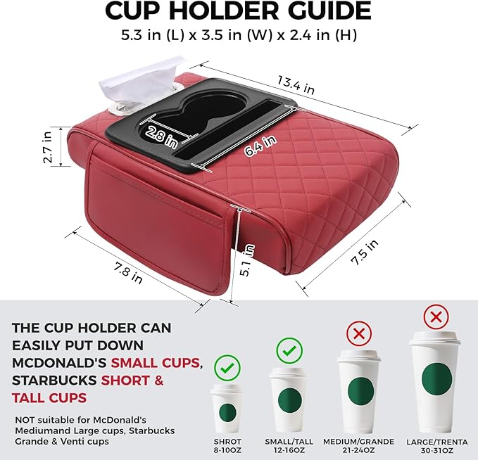 FREESOO Car Center Console Cover, Leather Armrest Cover for Car, Universal Middle Console Cushion With Storage Box, Cup Holder, Tissue Box, Phone Slot, Luxury Waterproof Interior Accessories, Wine Red