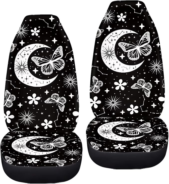 BIGCARJOB Moon Butterfly Car Seat Cover Set for Front Seat Only,2 Pack Black Butterfly Auto Front Seat Protector Saddle Blanket for Women Car Interior Accessories