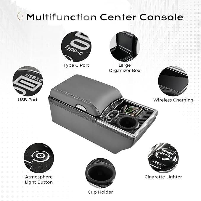 Coverado Center Console, Universal Bench Seat Center Console with Wireless Charging & Cup Holder & 7 Light Modes, Truck Back Seat Car Organizer, Rear Central Car Armrest Box with Storage, Gray
