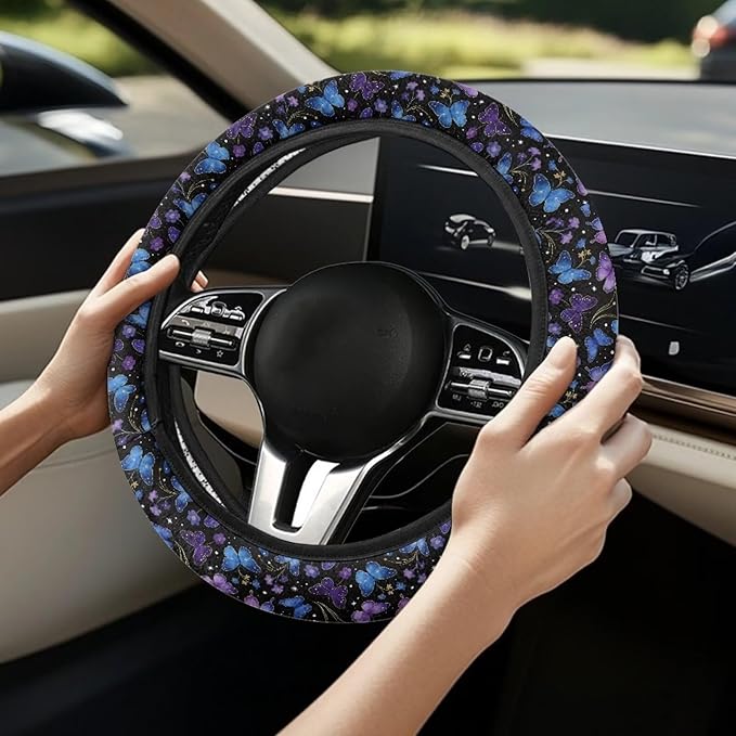 AFPANQZ Steering Wheel Protection for Automotive Steering Wheel Covers, Blue Purple Butterfly Sweat Absorption Comfort Grip for Driver Women Men
