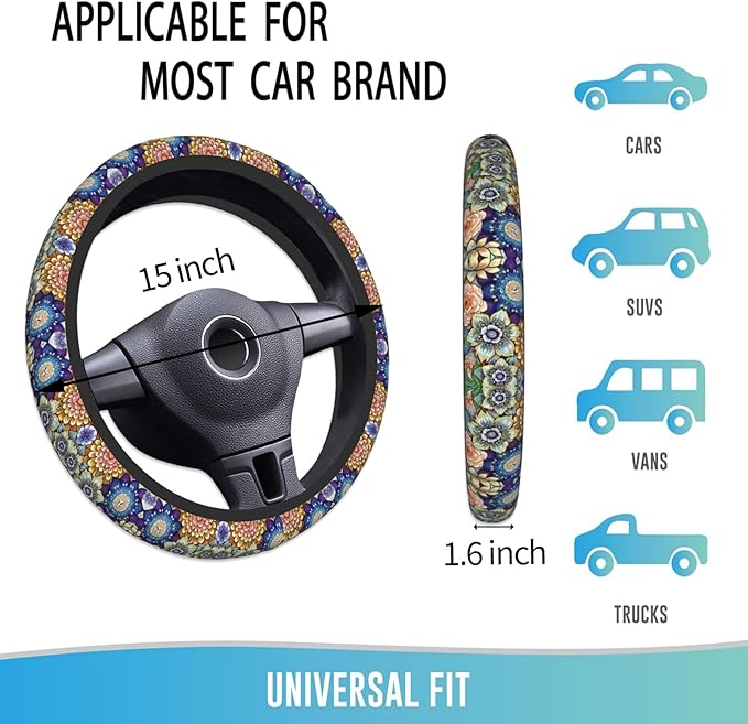 Elastic Steering Wheel Cover Car Accessories Cute Universal 15 Inch Absorbing Sweat Non-Slip Breathable for Woman - Boho Floral