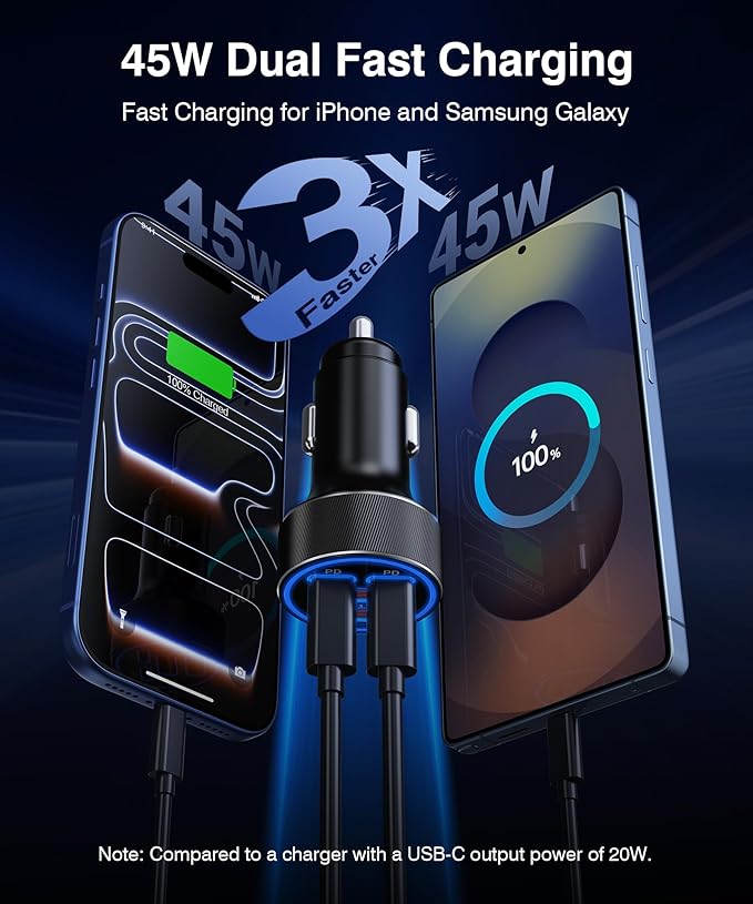 [2026 Updated 4-in-1] USB-C Car Charger, 4-Port 90W Super Fast Charging Cigarette Lighter Adapter, USB-C & USB-A PD/QC Multiport for iPhone 17/16/15, iPad, MacBook,Samsung Galaxy, and Android Devices
