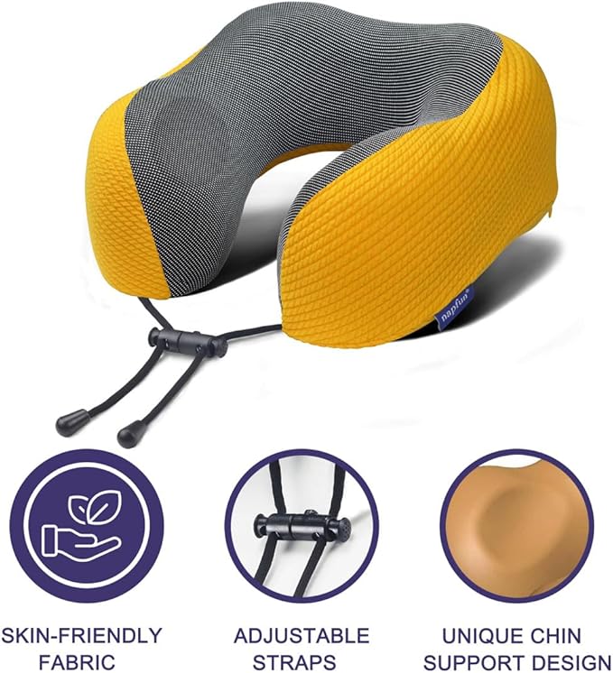 napfun Neck Pillow for Traveling, Upgraded Travel Neck Pillow for Airplane 100% Pure Memory Foam Travel Pillow for Flight Headrest Sleep, Portable Plane Accessories, Yellow Striped Kit