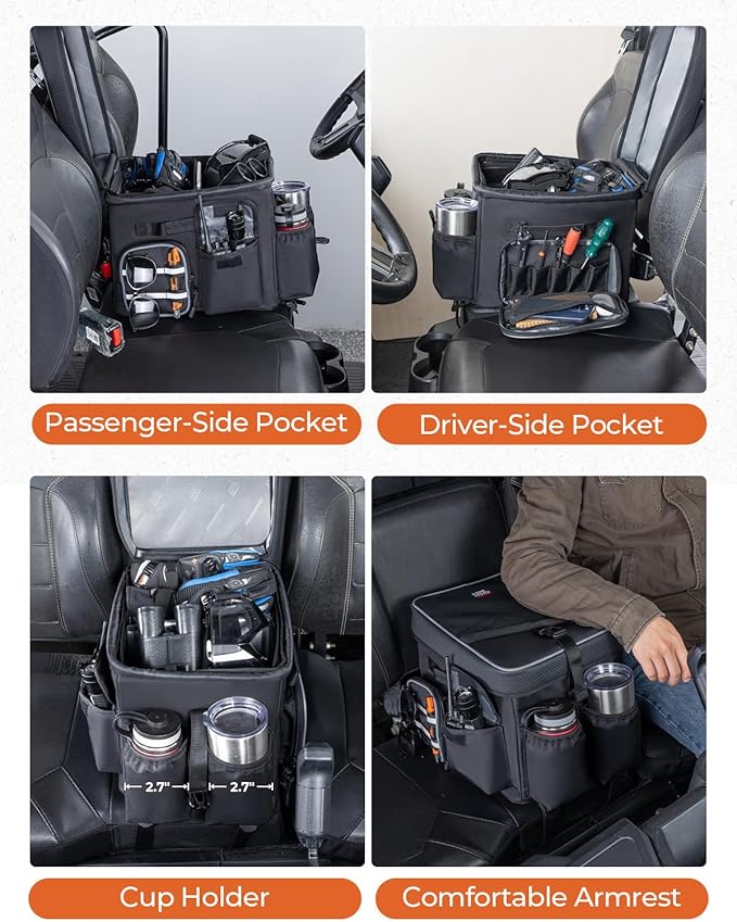 KEMIMOTO UTV Center Console Bench Seat Box, 1680D Oxford Cloth Water Resistant 18L Seat Storage Bag Armrest Storage Box Tool Organizer, Compatible with Polaris Ranger Can-Am Defender CFMOTO Uforce