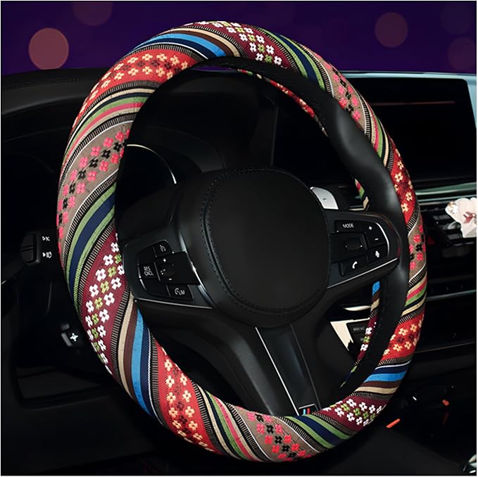 Boho Steering Wheel Cover, 15 Inch Coarse Flax Cloth Ethnic Style Anti-Slip Car Wheel Wrap, Universal Breathable Bohemian Steering Wheel Protector for Cars Vans Trucks (F)