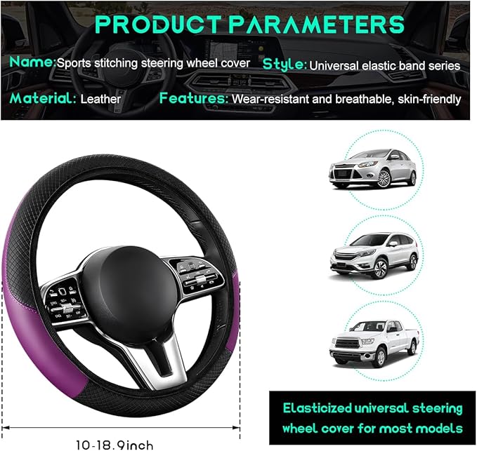 Car Steering Wheel Cover, 15 inch Carbon Fiber Microfiber Leather Elastic Steering Wheel Protector, Breathable Anti-Slip Comfortable Steering Wheel Covers for Most Cars (Black&Purple, AD)