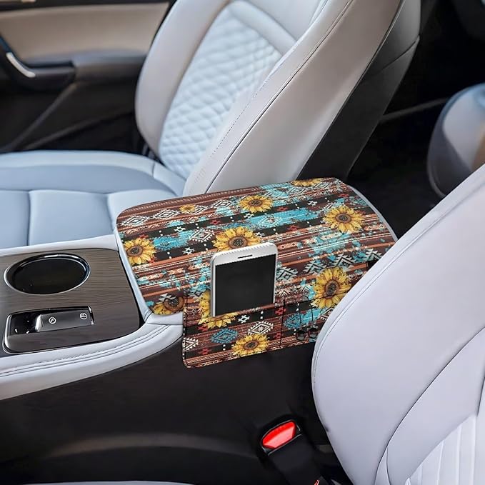 Wanyint Aztec Sunflower Brown Car Center Console Cover Soft Non-Slip Armrest Cover Lid for Car Side Storage Box with 4 Storage Bags Car Interior Decor Accessories for Women Men