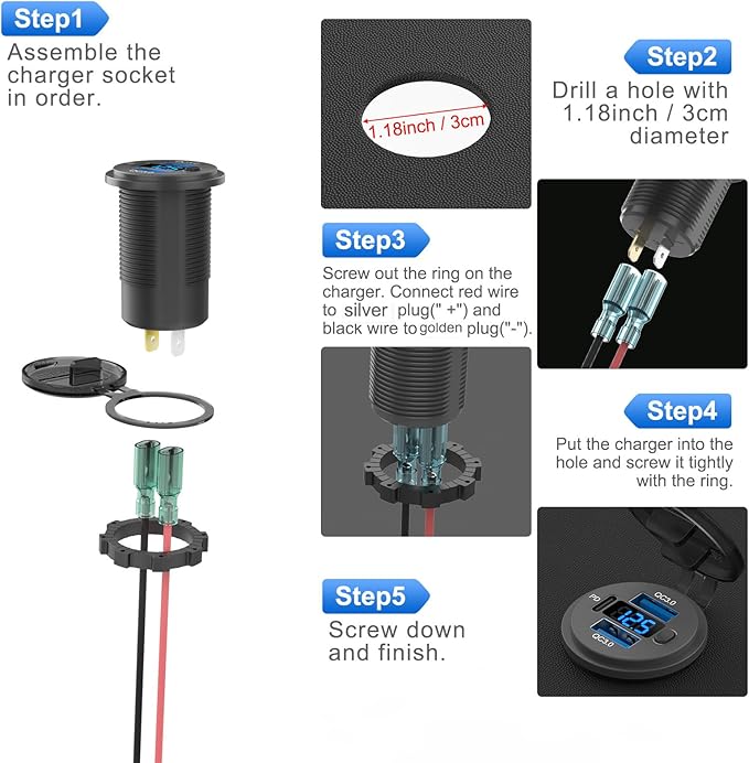 Hapytrip 12 Volt USB Outlet Dual Quick Charge 3.0 Port and PD3.0 USB C Car Battery Chargers Socket, Waterproof 12V Power Outlet Cigarette Lighter Replacement DIY Kit with Voltmeter and Switch for Boat