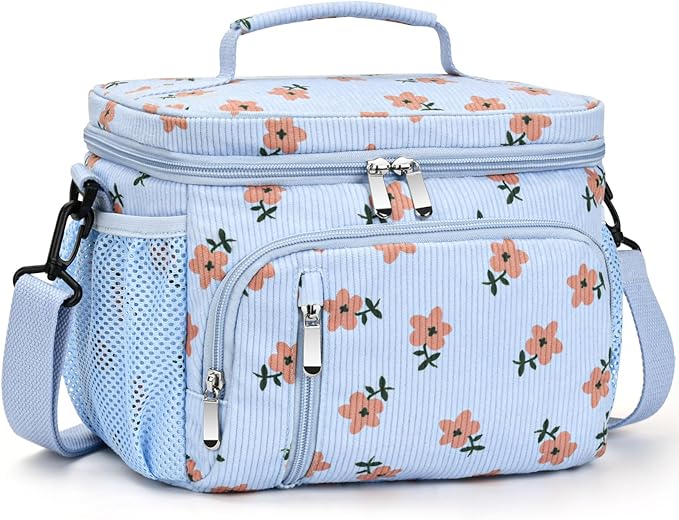 Insulated Lunch Bag for Men & Women, 9L Leakproof Lunch Box Soft Cooler Tote with 5 Pockets, 600D Oxford, EVA Lining, Adjustable Strap for Work, Picnic, Beach&Travel-Corduroy Pink Flower