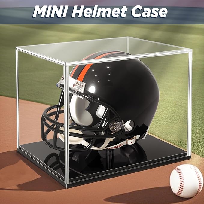 Mini-Helmet-Display-Case, UV Protection Acrylic Display Case Souvenirs and Collectibles Box for MINI Football Helmets with Black Base & Riser (Black Base & Riser, Stackable)