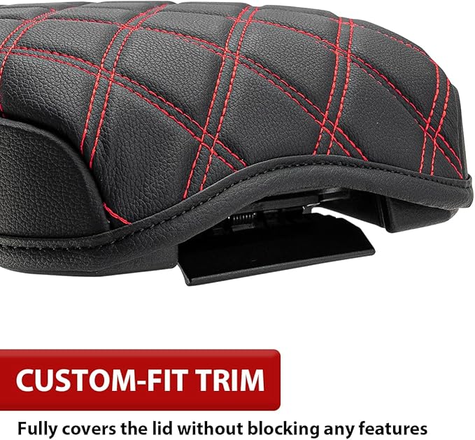KBH Center Console Armrest Cover for Toyota Tacoma 2016-2023, Interior Accessories, Middle Console Lid Cushion, Arm Rest Cover Protector, Vinyl Leather, Black-Red Stitches