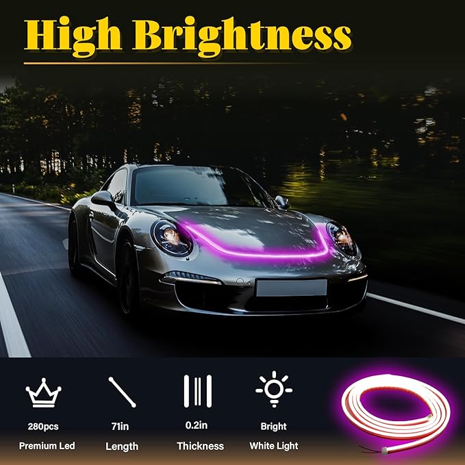 DIBMS 71-inch High-Brightness Car Hood Gap LED Light Strip - Daytime Running Lights Universal Auto Exterior Decor Accessories (Pink)