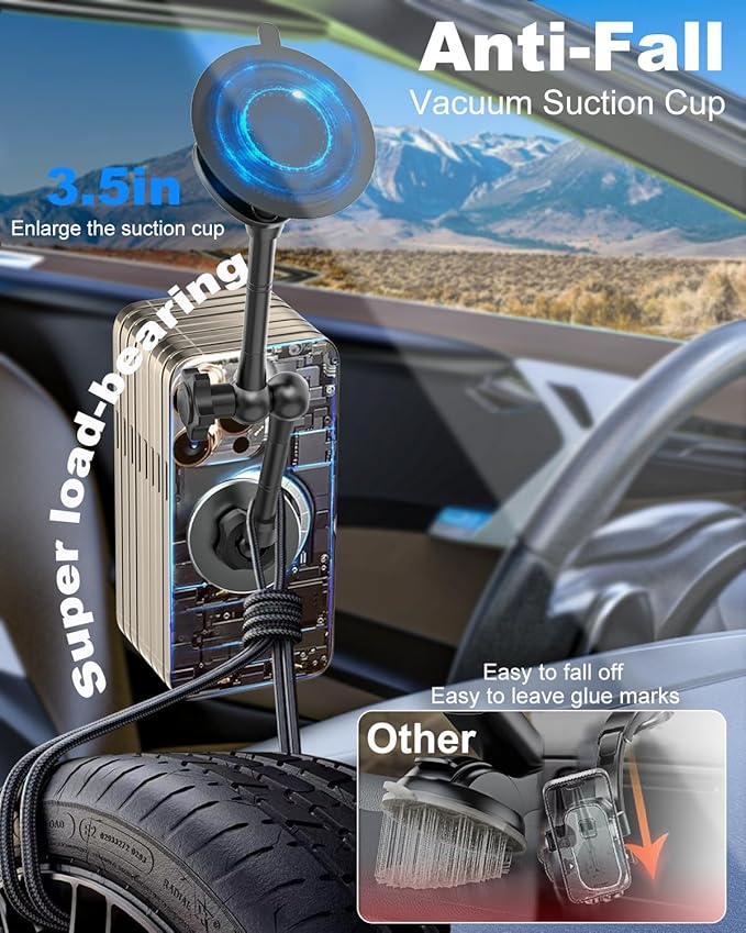 for MagSafe Car Mount [Off-Road Level Shockproof] Metal Arm Magnetic Phone Holders for Your Car Truck, Dashboard Windshield Sunroof Suction Cup Phone Mount for iPhone 16 Pro Max 15 14 13 Plus