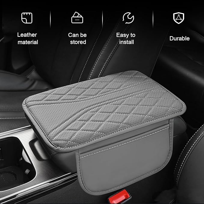 Car Center Console Cover, Leather Automotive Armrest Cushion with 2 Storage Bags, Breathable Armrest Cover, Universal Waterproof Arm Rest Protection Pad for SUV, Sedan, Truck (Gray)