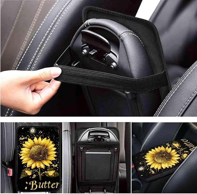 Butterfly & Sunflower Print Car Accessories for Women 6 Pcs Steering Wheel Cover Handbrake Gear Cover Cup Coaster Armrest Cover Auto Accessories for Men Women