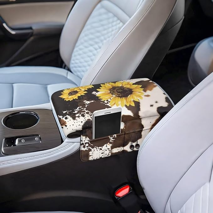 Dreaweet Brown Cow Print Center Console Cover Pad Cute Sunflower Car Accessories for Women Arm Rest Cover with Pockets for Car SUV Truck Non Slip Scratch Proof Thick Car Armrest Cushion