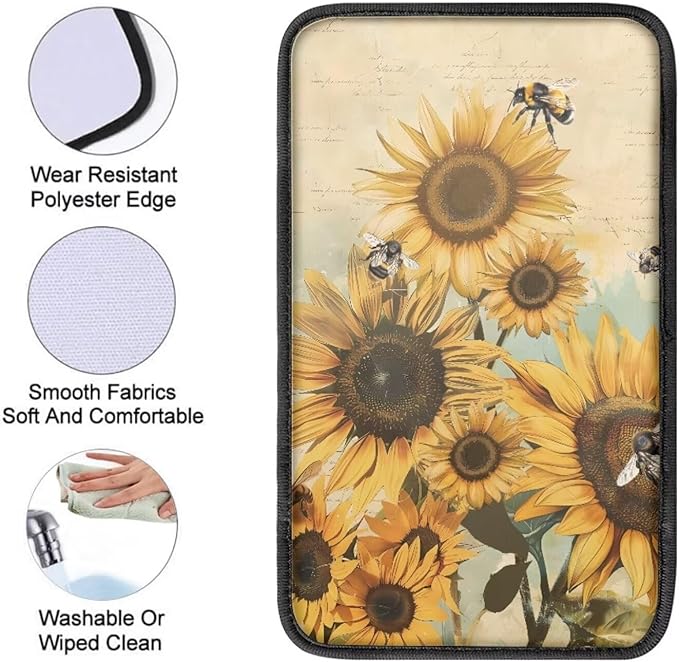 JoyLamoria Sunflower Bee Auto Center Console Pad Cover Car Armrest Cushion Soft Handrail Box Protector Universal Fit