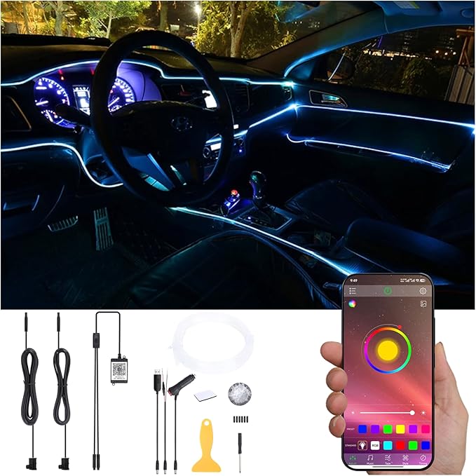 3 m Optic Fiber Car Ambient Lighting Kit Bluetooth App Control 64 Colors Multicoloured Music Interior Lighting Kit 12V 1W
