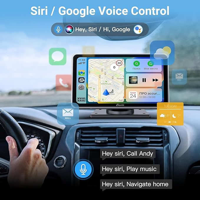 Carpuride Portable Wireless CarPlay Screen for Car- 7 Inch Car Play Screen Compatible with Android Auto and Apple CarPlay - Multimedia Player, Bluetooth, Navigation Screen for All Vehicles