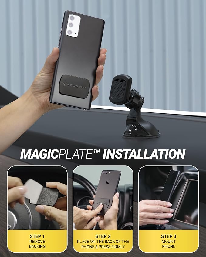 Scosche Extra Strength Suction Car Phone Mount, Magnetic Phone Holders for Your Car Windshield/Dashboard, Car Holder with 360° Rotation, Thick Metal Plate for iPhone and Android, Not MagSafe, 2-Pack