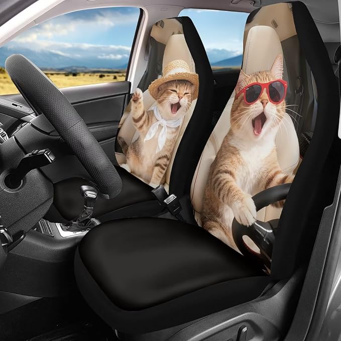 Cat Driving Car Seat Covers 2 Pcs Cute Car Seat Covers Front Seats Only Easy to Install and Clean Protection Interior Accessories Universal Fit for Most Cars SUVs and Sedans