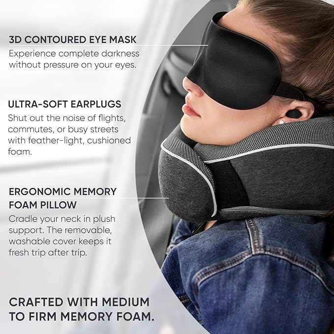 Proglobe Travel Neck Pillow 100% Memory Foam – Airplane & Car Travel Essentials Kit with 3D Eye Mask, Earplugs & Mesh Bag – Sleeping Support Pillow for Adults (Dark Grey)