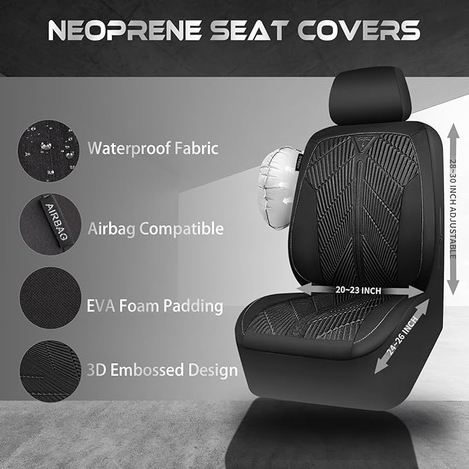 CAR PASS Waterproof Car Seat Covers Full Set,Neoprene Wetsuit, All-Weather Non-Slip Durable, Universal Fit for SUV, Sedans, Trucks, Vans, with Armrest & Airbag Compatibable, All Black