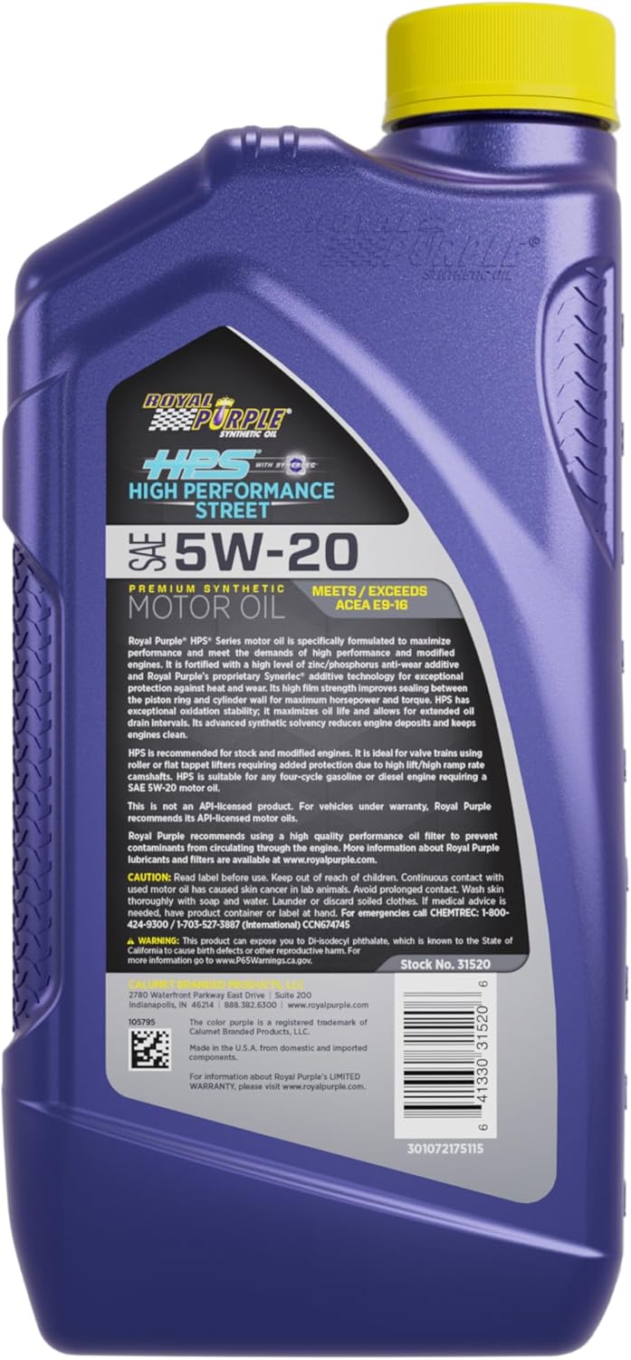 Royal Purple 31520 HPS 5W-20 High Performance Street Synthetic Motor Oil with Synerlec - 1 Quart Bottle