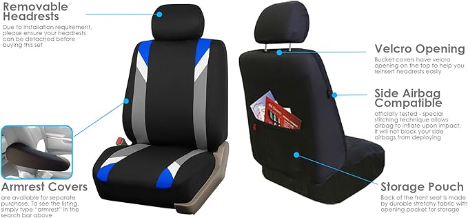 FH Group Car Seat Covers Premium Modernistic Flat Cloth Car Seat Covers Front Seats Only Blue Black, Airbag Compatible Universal Fit Interior Accessories Cars Trucks SUV Car Accessories Protector