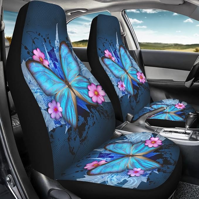 BIGCARJOB Trendy Car Seat Covers Ble Butterfly Print High Back Seat Cover Set of 2 Ultra-Soft Universal Fit