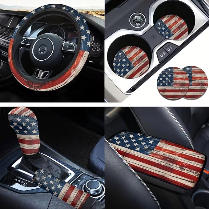 American Flag 6pcs Car Decor Set for Women Men Car Steering Wheel Cover Retro Style Armest Cushion Auto Interior Decor Cup Holder for SUV Truck Sedan