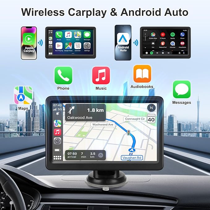 Carplay Screen for Car, 7" Wireless Carplay & Android Auto, Portable HD Touchscreen with Mirror Link, GPS Navigation, Voice Control, Hands-Free Calling, Bluetooth/AUX/FM, Plug & Play Car Play Screen
