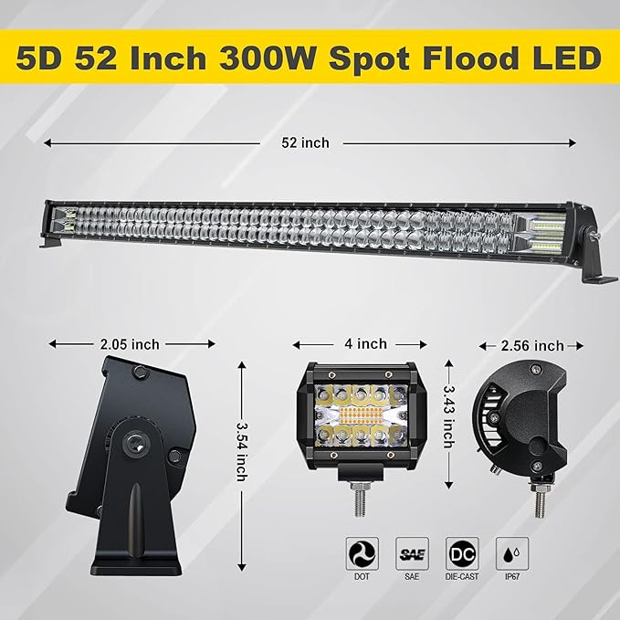 5D 52'' inch Straight LED Light Bar + 4'' inch White/Amber Yellow LED Pods Strobe Light Driving Fog Light Spot Flood Combo Beam Offroad Lighting with Switch Wiring Harness for Truck Pickup ATV